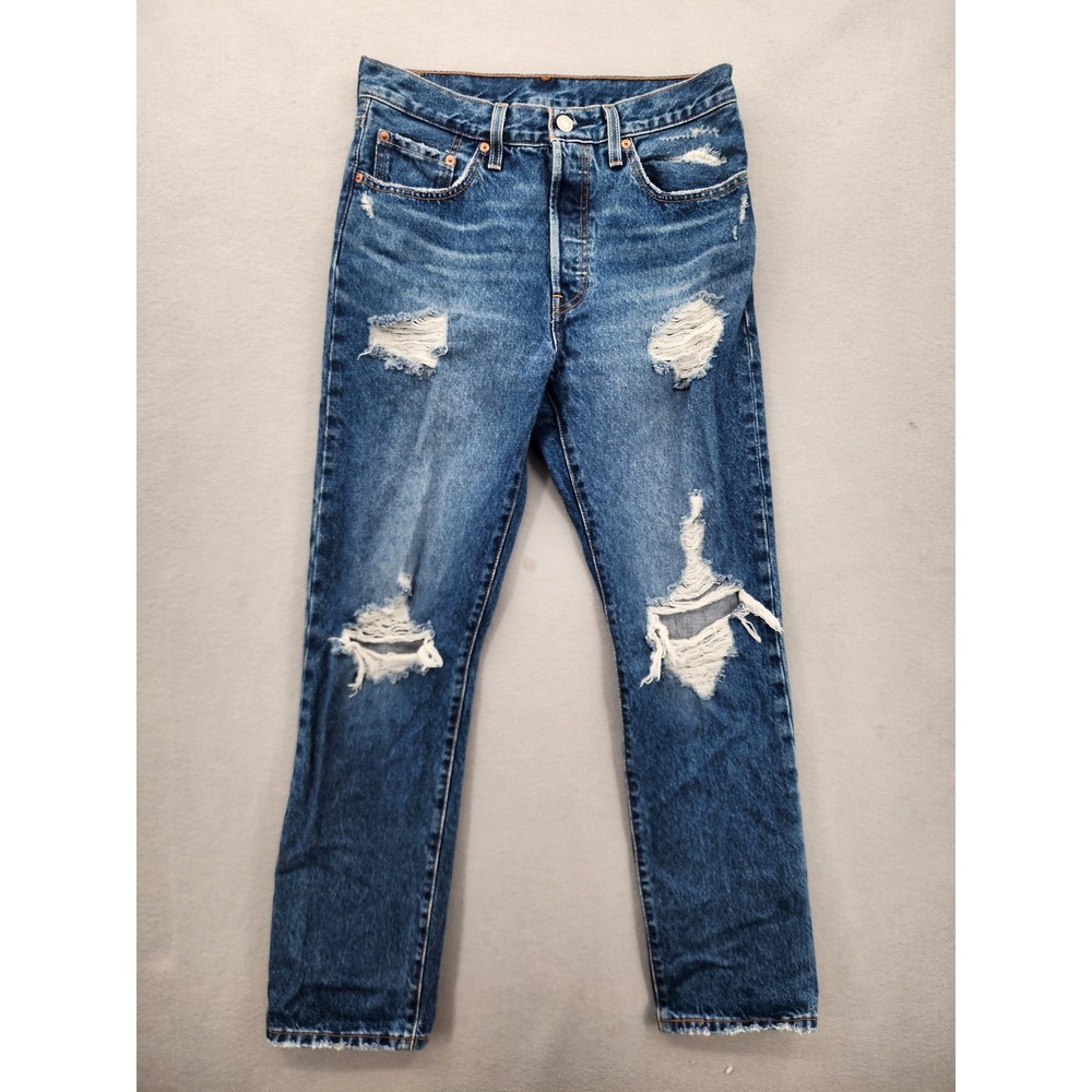 Levis 501 Original Fit Distressed Straight Leg Denim Jeans Blue 28×30 12501-0421